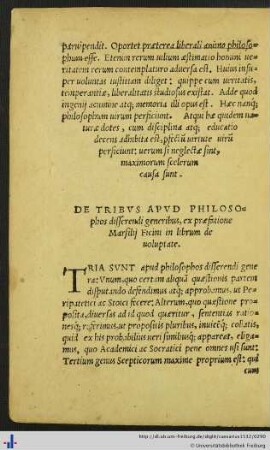 Ficino, Marsiglio: De tribus apud philosophos differendi generibus…