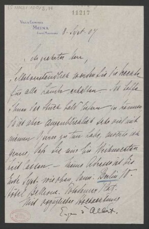 Brief an Augener Ltd.  : 08.09.1907