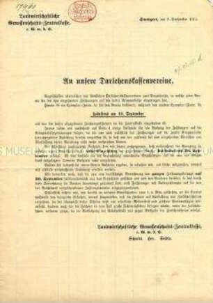 Rundschreiben der Landwirtschaftlichen Zentralkasse an ihre Darlehenskassenvereine zur Meldung der Zeichnungen auf die 3. Kriegsanleihe