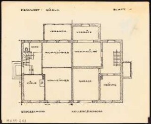 Zweifamilienhaus Monatskonkurrenz Februar 1930: (je ein halber) Grundriss Keller, Erdgeschoss