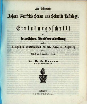 Einladungs-Schrift zur feierlichen Preisevertheilung an der K. Studien-Anstalt bei St. Anna in Augsburg : zum Schlusse des Studienjahres ... 1853/54