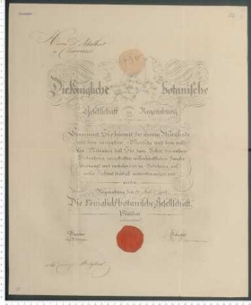 Mitgliedsurkunde der königlich-botanischen Gesellschaft in Regensburg