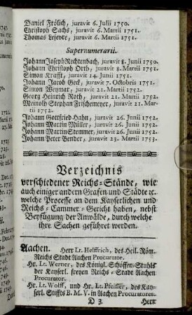 Verzeichnis verschiedener Reichs-Stände, wie auch einiger andern Grafen und Städte etc. welche Processe...haben, nebst Beyfügung der Anwälde,[...]