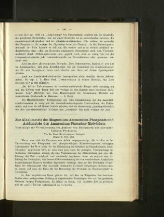 Zur Alkalimetrie des Magnesium-Ammonium-Phosphats und Acidimetrie des Ammonium-Phosphor-Molybdats.