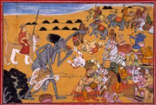 Kali kämpft Wagen und Elefanten verschlingend gegen das Dämonenheer