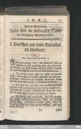 Zweyte Abtheilung. Lieder über die wichtigsten Stücke der Christlichen Glaubens-Lehre.