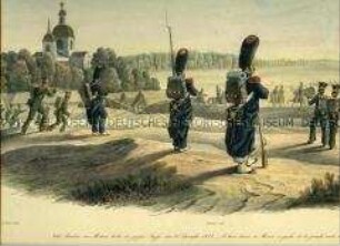 Militärdarstellung, Soldaten des III. Französischen Armee-Korps im Kampf gegen russische Reiter vor Moskau am 23. September 1812, Napoleons Russlandfeldzug, 1812. Tafel 64 aus: Faber du Faur: Mit Napoleon in Rußland 1812.