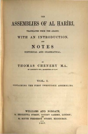 The assemblies of al-Ḥarīri. 1, Containing the first twenty-six assemblies