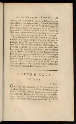 81-101, Lettre XXVI. du Roi.-Lettre XXXVIII. du Marquis D'Argens.