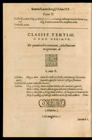 Classis Tertiae. Ordo Decimus ... L