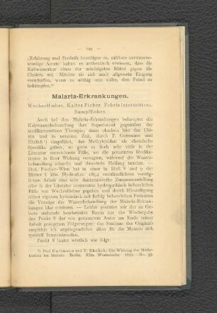 Malaria-Erkrankungen. Wechselfieber. Kaltes Fieber. Febirs intermittens. Sumpffieber.