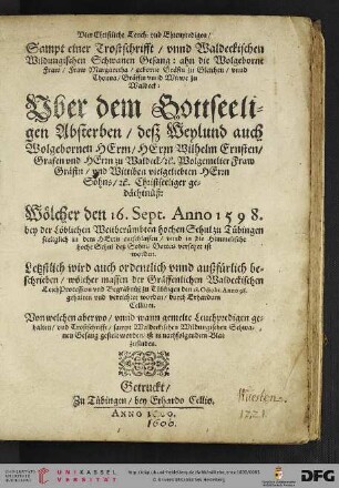 Erhard Cellius: Vier Christliche Leuch: vnd Ehrenpredigen/ Sampt einer Trostschrifft/ vnnd Waldeckischen Wildungischen Schwanen Gesang, Tübingen 1600