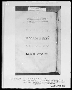 Francosächsisches Evangeliar — Explicit mit Kapitalen, Folio 89verso