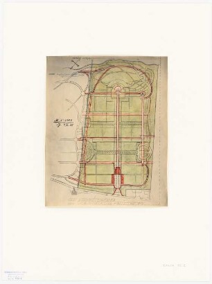 Vorwerker Friedhof, Lübeck Erweiterung: Grundriss der Anlage 1:2000; Maßstabsleiste, Stempel mit stilisierter Dachlandschaft