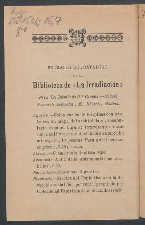 Extracto del cátalogo de la Biblioteca "La Irradiación"