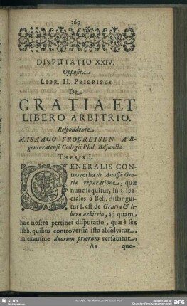 Disputatio XXIV. Opposita. Libr. II. Prioribus De Gratia Et Libero Arbitrio
