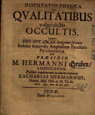 Disputatio Physica De Qvalitatibus vulgo dictis Occultis
