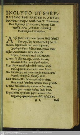 Inclyto Et Serenissimo Regi Friderico Regi Danorum, Norvegiae, Gotthorum [et] Henetorum, Duci Slesvicensi [et] Holsatiae, Principi Ditmarsiae, [et]c.