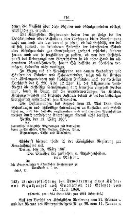 Bauverpflichtung bei Erweiterung eines Küster- und Schulhauses nach Emanation des Gesetzes vom 21. Juli 1846 : [V. Elementarschulwesen]