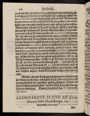 96-109, Leonhardus Schug ad Electorem [...] 19. Septemb. An. 1600. - Ad manus in kleiner Foun.