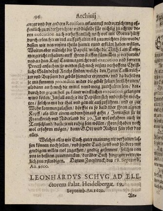 96-109, Leonhardus Schug ad Electorem [...] 19. Septemb. An. 1600. - Ad manus in kleiner Foun.