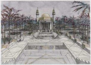 Wettbewerb Congress Center Abu Dhabi (nicht realisiert), 1. Preis – Außenperspektivansicht. Abu Dhabi (Vereinigte Arabische Emirate)
