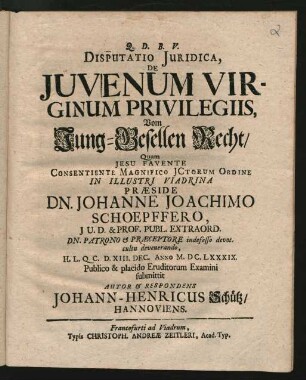 Disputatio Iuridica, De Iuvenum Virginum Privilegiis