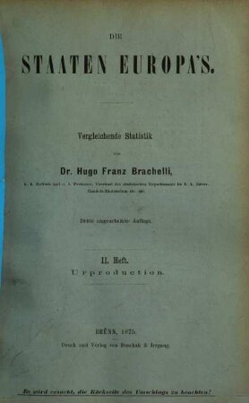 Die Staaten Europa's : Vergleichende Statistik von Hugo Franz Brachelli. 2