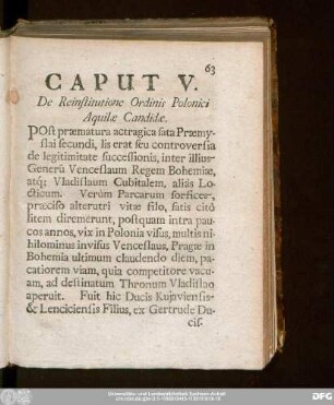 Caput V. De Reinstitutione Ordinis Polonici Aquilae Candidae.