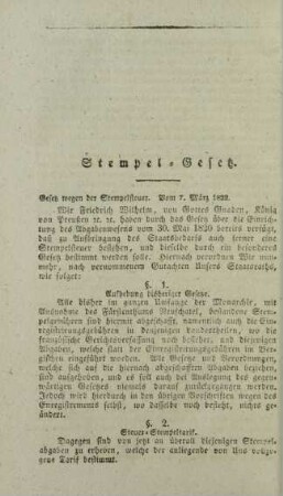 Gesetz wegen der Stempelsteuer. Vom 7. März 1822.