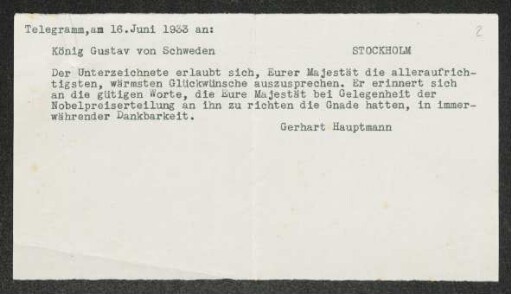 Brief von Gerhart Hauptmann an Gustaf <Sverige, Konung, V.>