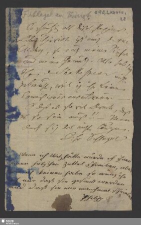 28) Mitteilung Friedrich Schlegels an Unbekannt (Thierot?); undat.