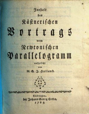 Innhalt des Kästnerischen Vortrags vom Newtonischen Parallelogramm