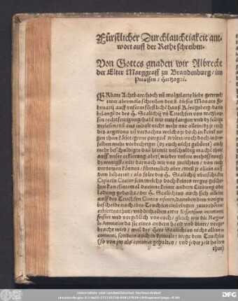 Fürstlicher Durchlauchtigkeit antwort auff der Rethe schreiben.