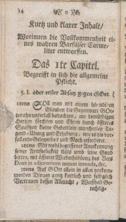 Kurtz und klarer Inhalt/ Worinnen die Vollkommenheit eines wahren Barfüsser Carmeliter entworffen.