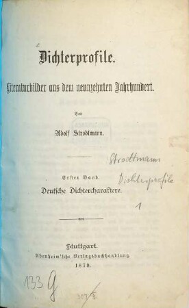 Dichterprofile : Literaturbilder aus dem neunzehnten Jahrhundert. 1, Deutsche Dichtercharaktere