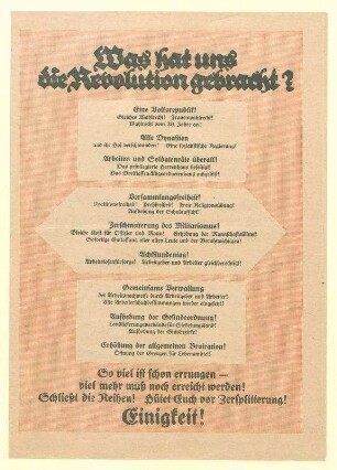"Was hat uns die Revolution gebracht?" - Propagandaschrift zur Novemberrevolution.