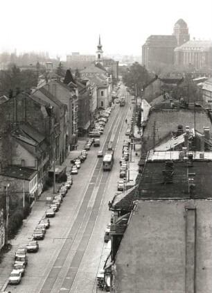 Dresden-Friedrichstadt. Friedrichstraße. Blick vom Kühlhaus nach Nordwest gegen Städtisches Klinikum, Matthäuskirche und Hafenmühle