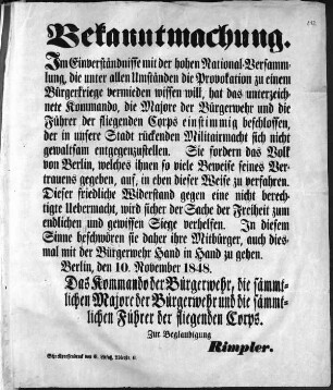 Bekanntmachung. Im Einverständnisse mit der hohen National=Versammlung [...] (Sammlung Friedlaender)