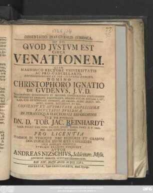 Dissertatio Inavgvralis Jvridica, De Eo Qvod Jvstvm Est Circa Venationem