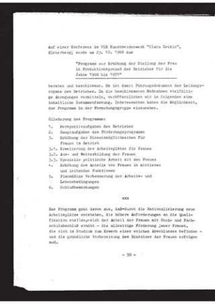 Programm zur Erhöhung der Stellung der Frau im Produktionsprozeß des Betriebes für die Jahre 1968 bis 1971 : Konferenz im VEB Kunstseidenwerk "Clara Zetkin" Elsterberg