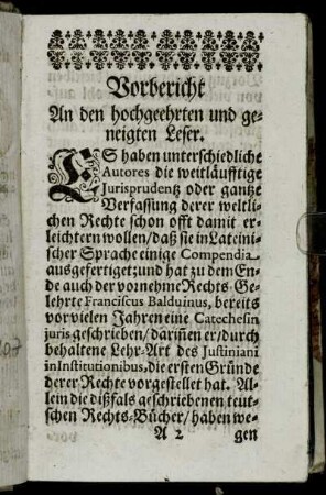 Vorbericht An den hochgeehrten und geneigten Leser.