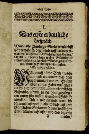 Das erste Erbauliche Gespräch. Worin die glaubige Seele treulichst wird ermahnet [...]