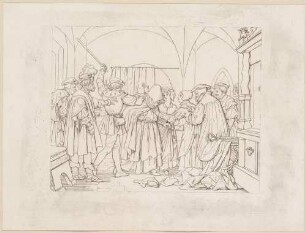 Zu Shakespeares "Die lustigen Weiber von Windsor", Blatt 8, 4. Akt, 2. Szene: Der verkleidete Falstaff wird verprügelt