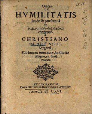 Oratio De Hvmilitatis laude & praestantia
