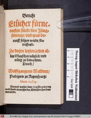 Bericht Etlicher fürnemsten stücke, den Jüngsten tage, und was darauff folgen wirdt, betreffend ...