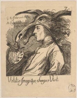 Mann mit Palette und Eselskappe auf dem Kopf ("Virtutis imago que semper vivet"; aus einer Serie humoristischer Figurendarstellungen, Nr. 2)