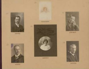 Bl. 6: Fotografien der Mathematiker Friedrich Diestel, Anne Lucy Bosworth, Ernst Zermelo, Moritz Gustav Weber, Nadjeschda Nikolajewna Gernet und Julius Sommer, 1920 - 1922