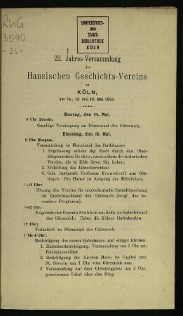 Jahresversammlung des Hansischen Geschichtsvereins und ... Jahresversammlung des Vereins für Niederdeutsche Sprachforschung / 23.1894