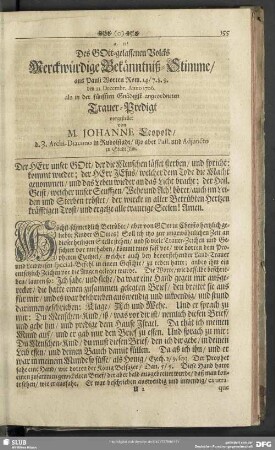 Die V. Trauer-Predigt : Des Gott-gelassenen Volcks Merckwürdige Bekänntniß-Stimme, aus Pauli Worten Rom. 14 / 7.8.9. den 21. Decembr. Anno 1706. als in der fünfften Gnädigst angeordneten Trauer-Predigt
